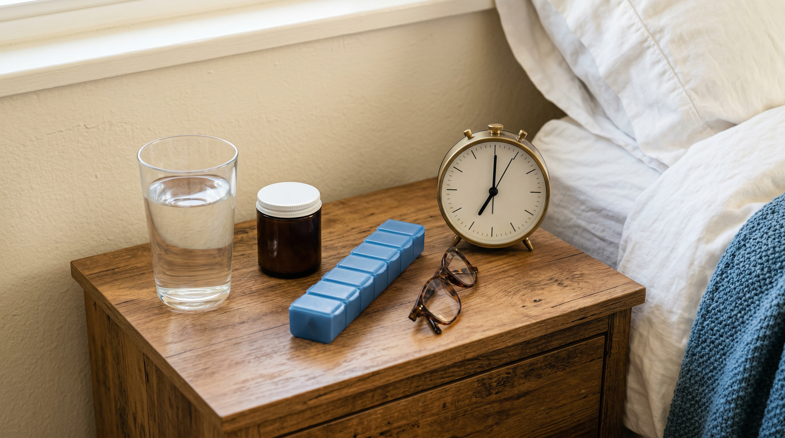 Nightstand with water glass and pill organizer