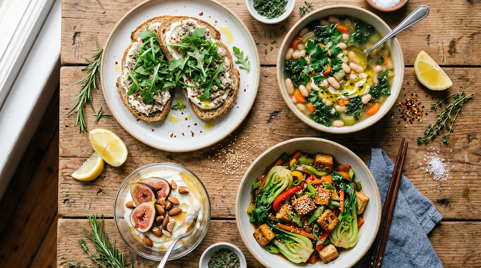 Bone-healthy meals on a rustic table