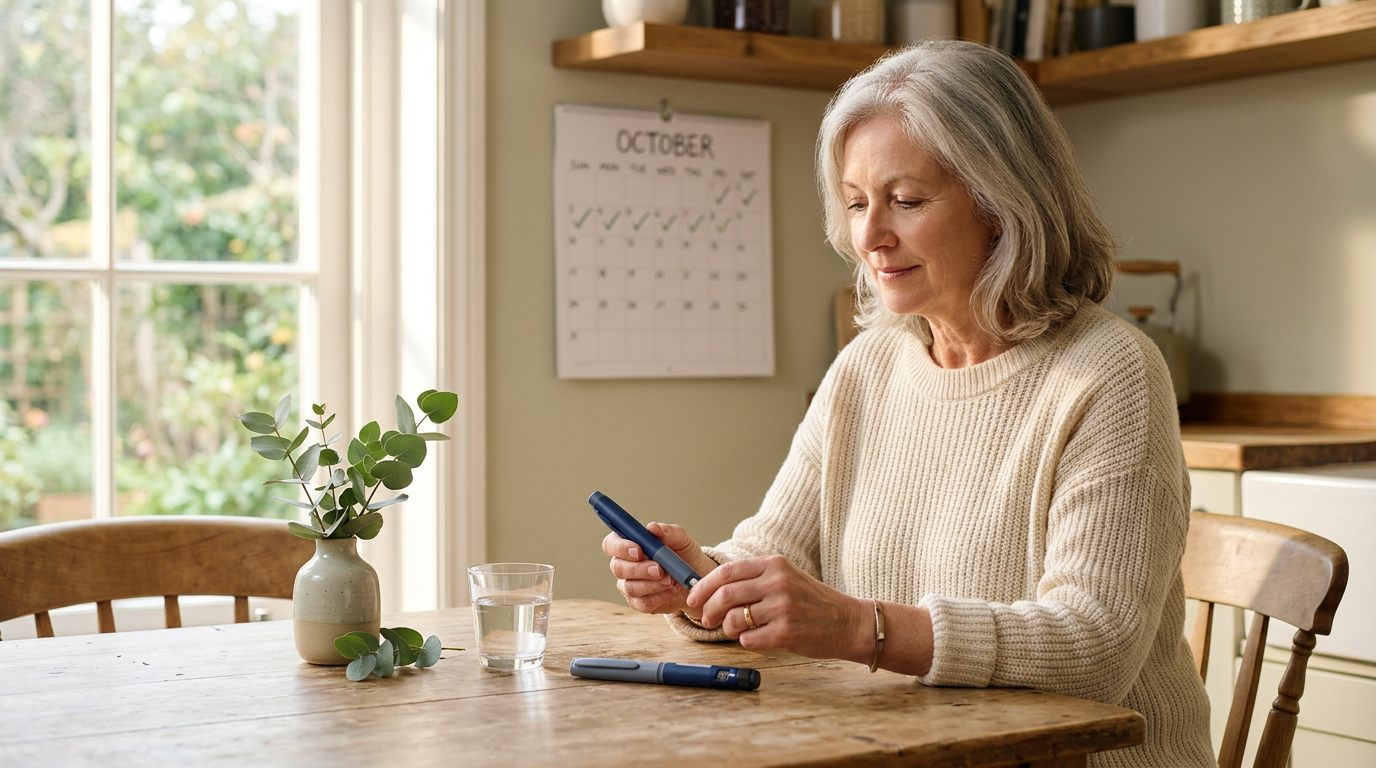 Woman at a sunlit kitchen table preparing a daily bone-building injection