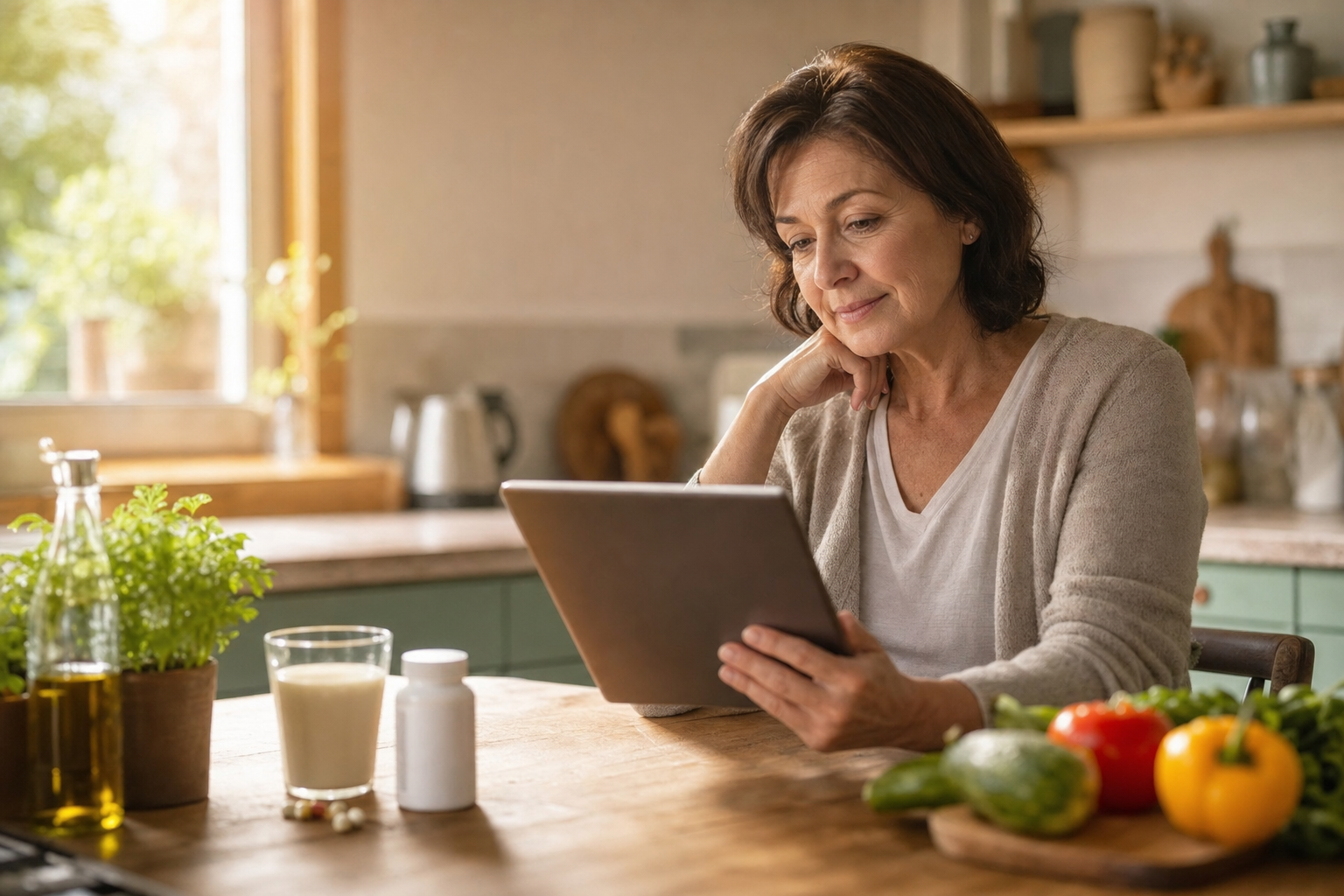 A woman in her fifties sitting at a sunny kitchen table reading a tablet, with supplements and fresh vegetables visible nearby, warm natural light filling the room