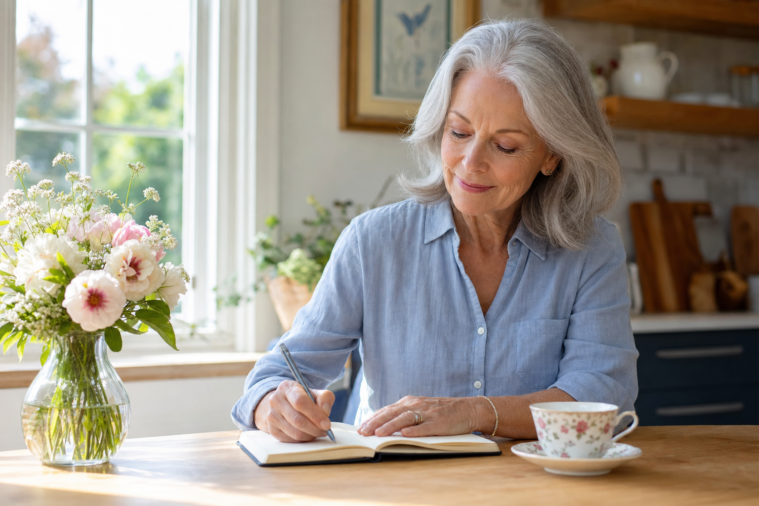 A woman in her late sixties with silver hair sits at a bright kitchen table writing in a notebook, morning light coming through a window