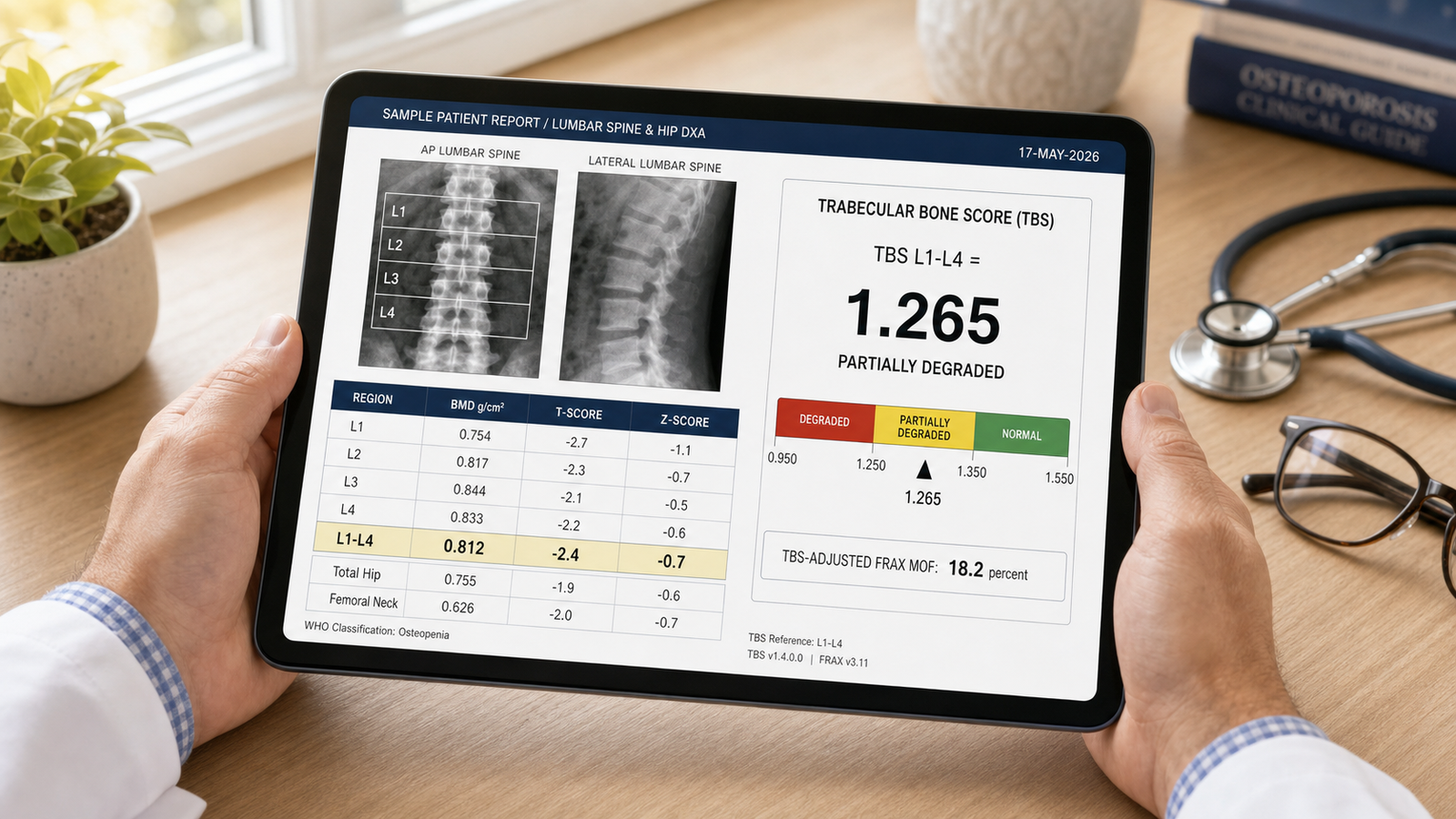 A clinician reviewing a DEXA scan report on a tablet, with the lumbar spine image and a Trabecular Bone Score value visible
