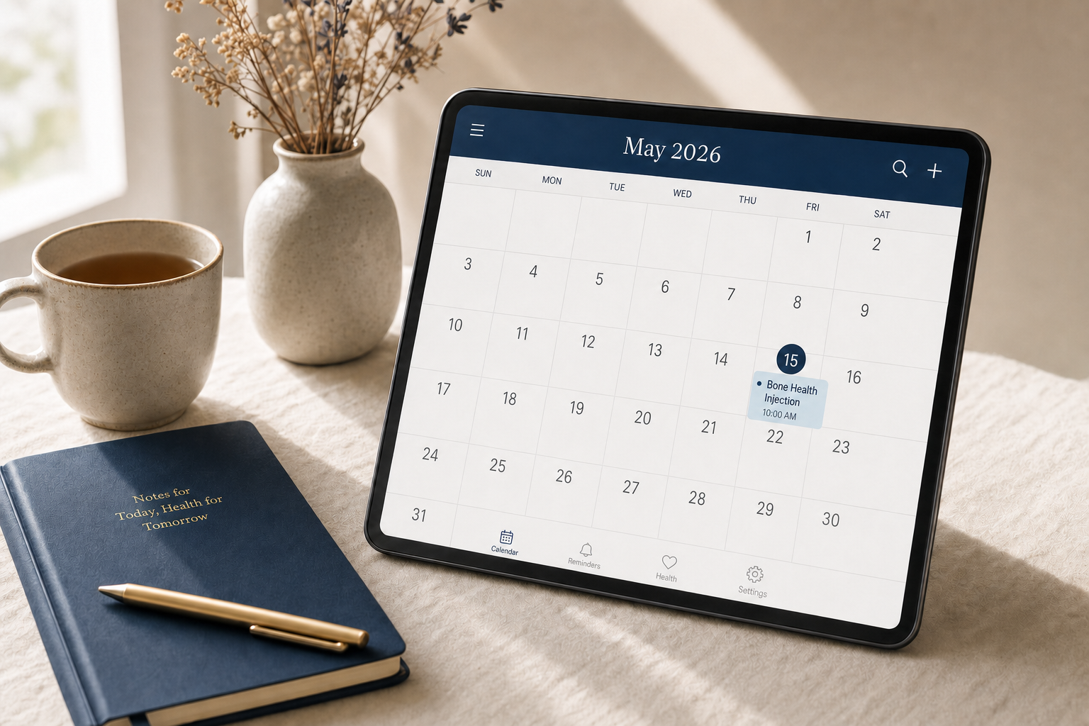 Tablet calendar showing a Bone Health Injection reminder on the 15th of the month