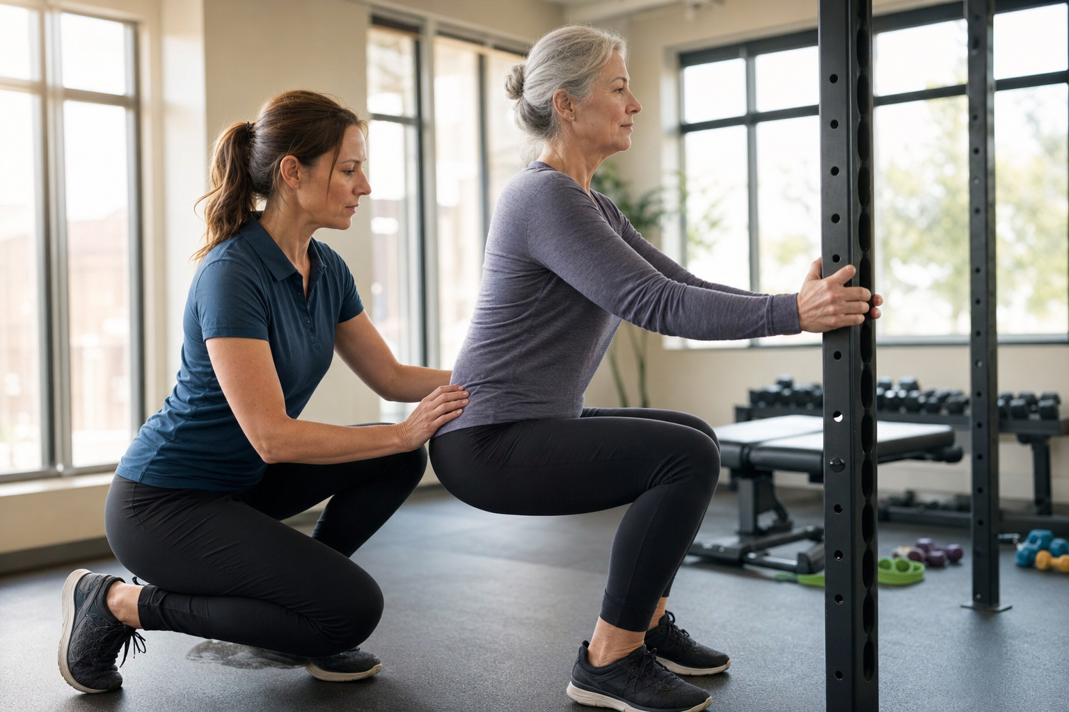 A woman in her sixties performing a modified wall-supported squat in a bright gym with a physical therapist standing nearby for form guidance