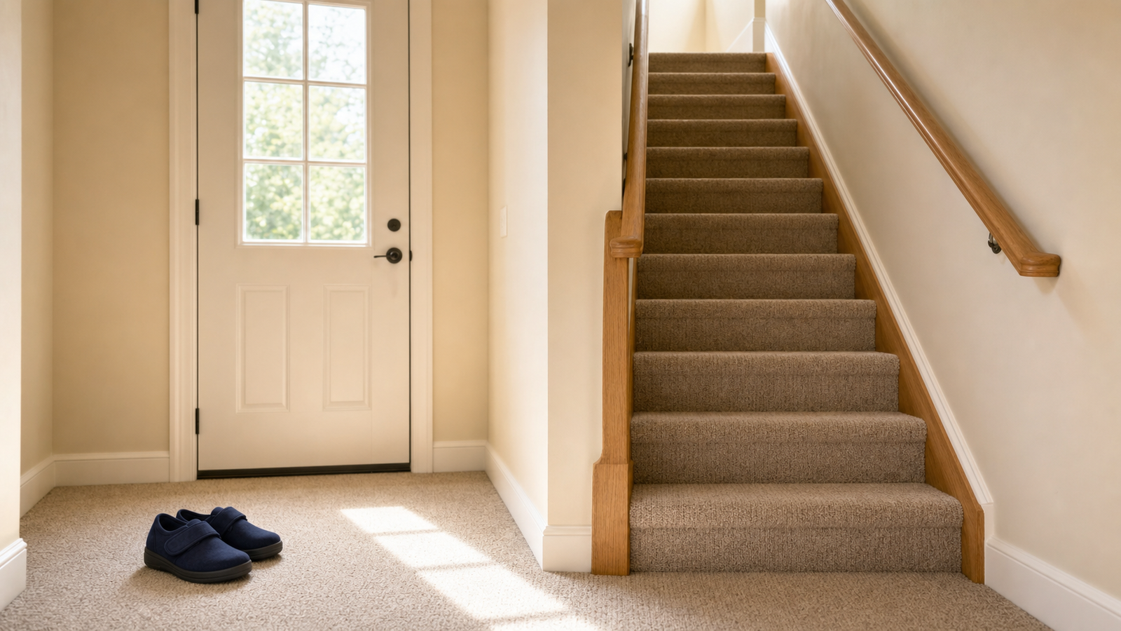 A warmly lit modern home interior showing low-pile carpet transitioning to wood flooring, a staircase with a sturdy handrail, a curbless walk-in shower visible through a doorway, and a pair of supportive house shoes by the door