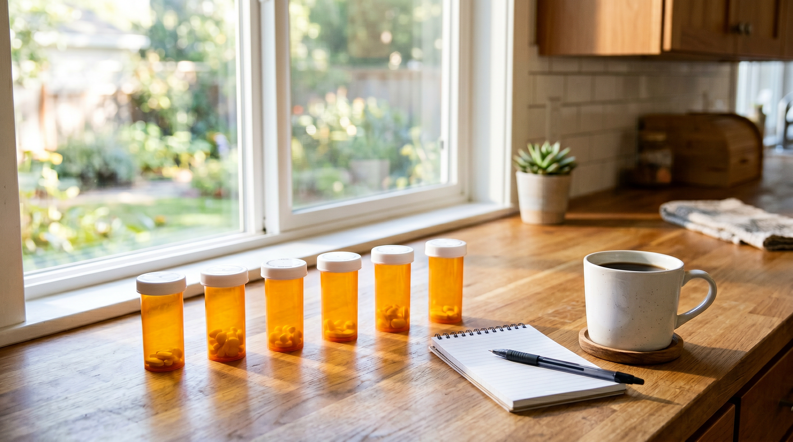 Medication bottles on a kitchen counter
