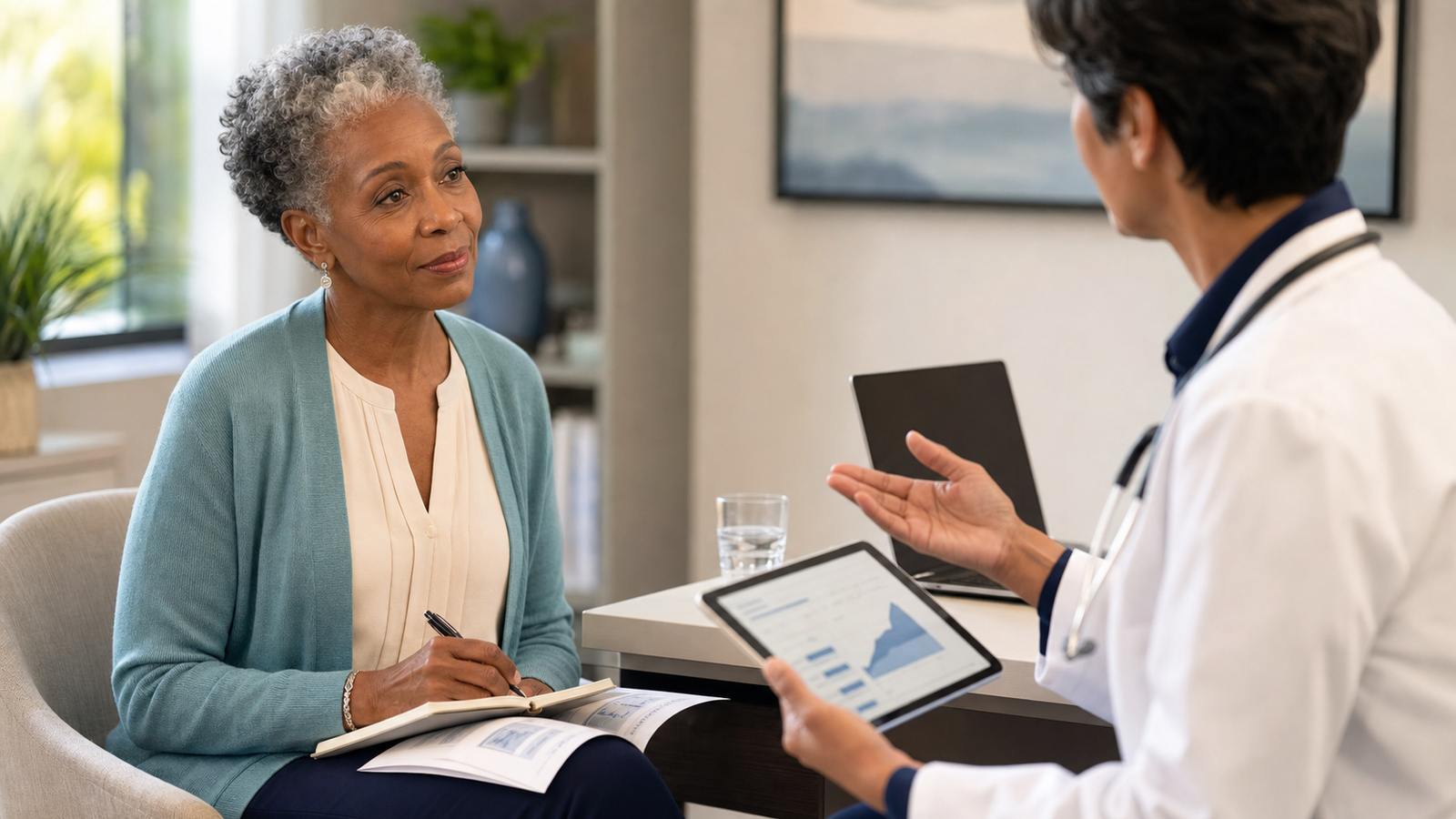 An older Black woman with silver and black hair, wearing a teal cardigan, sitting across from her physician in a sunlit exam room as they review her DEXA report together.