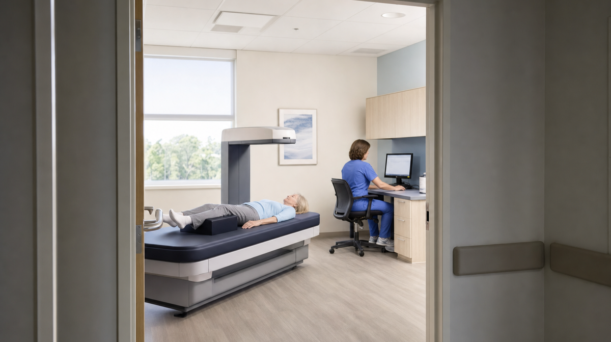 A view through an open doorway into a bone density scanning room where a woman in her sixties lies on the DXA table while a technologist works at a nearby monitor