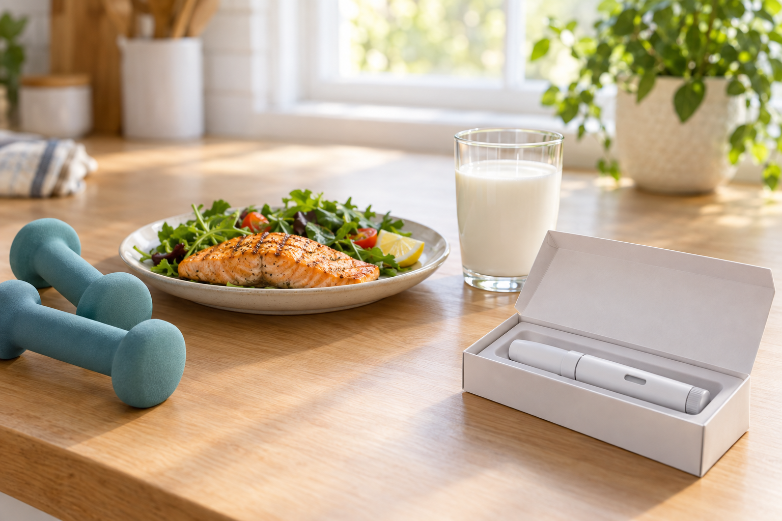 Kitchen counter with hand weights, a plate of salmon and greens, a glass of milk, and a medical injector pen in an open box