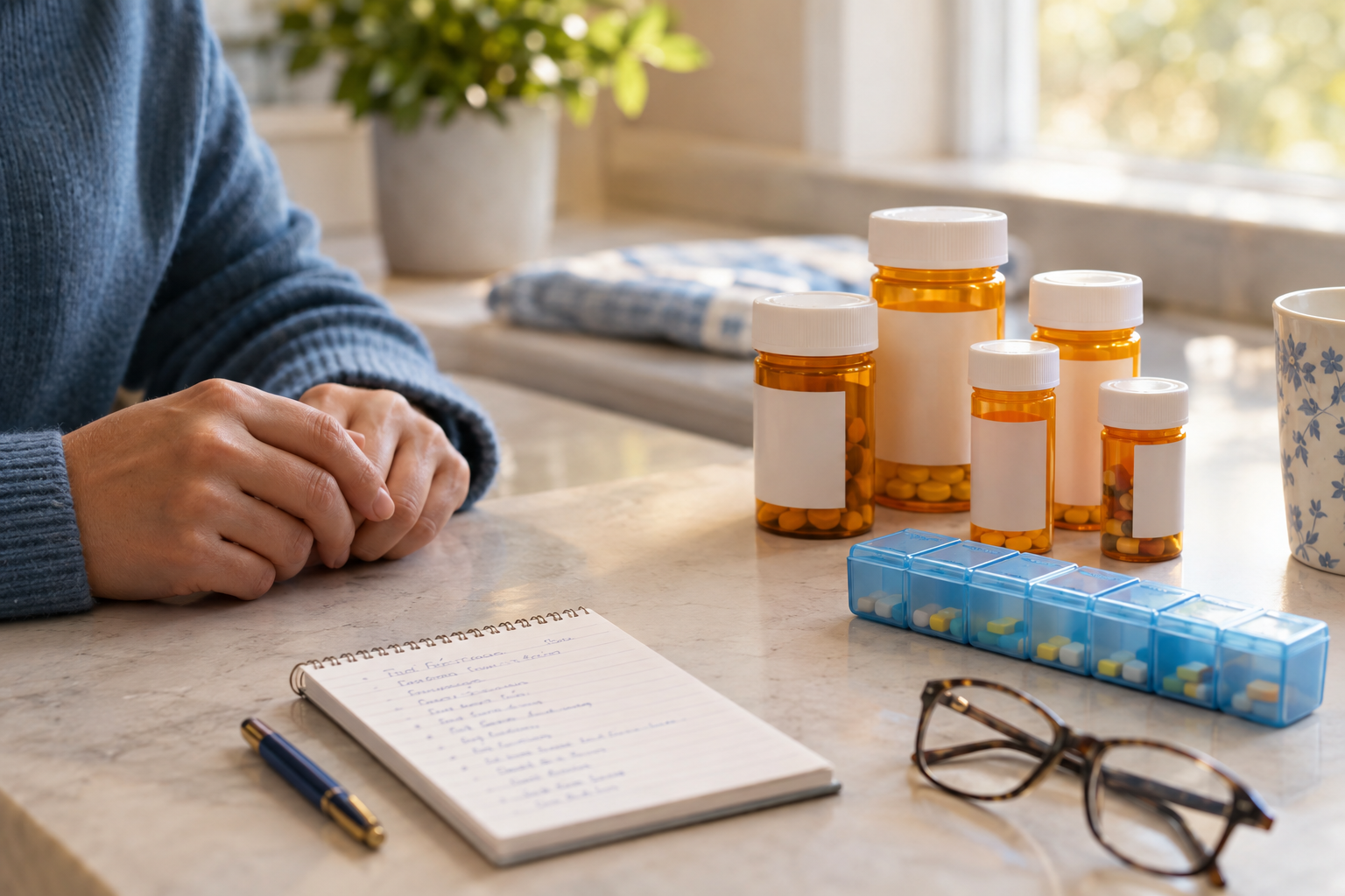 Amber prescription bottles and a weekly pill organizer on a kitchen counter beside a handwritten medication list and reading glasses