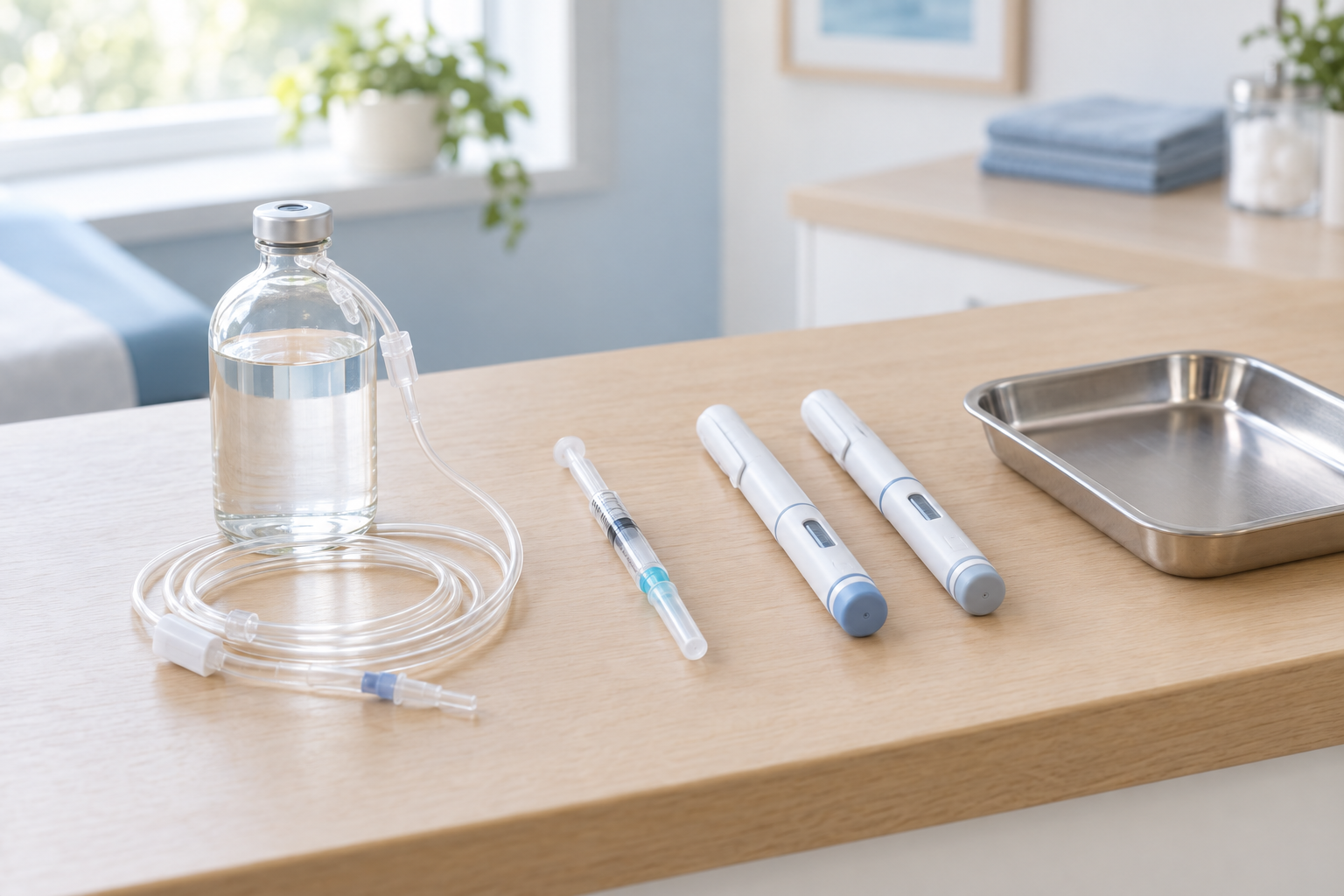 An infusion bottle with tubing, a prefilled syringe, and two injection pens on a wood counter in a bright exam room