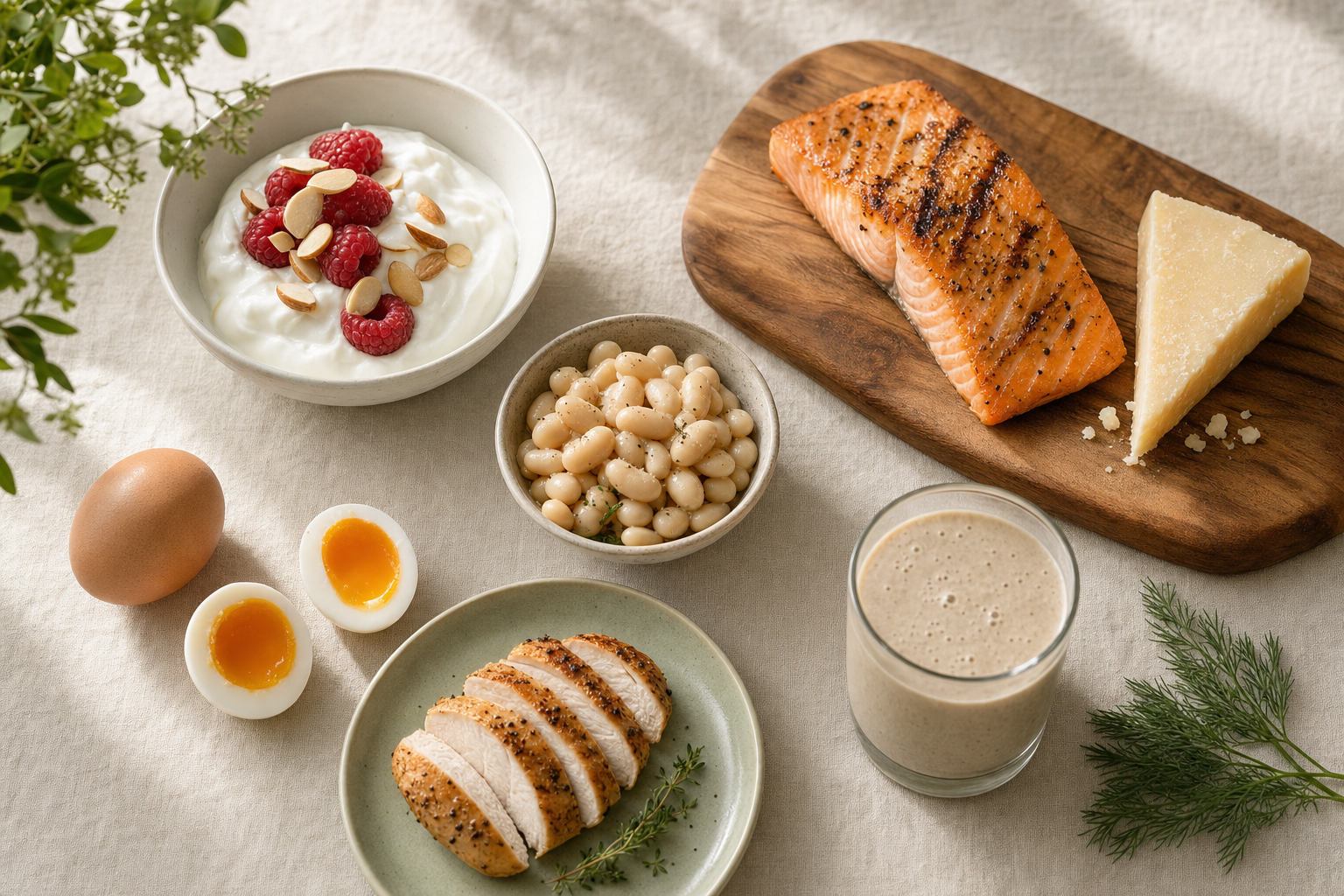 Overhead flat lay of bone-friendly protein foods including Greek yogurt with raspberries and almonds, grilled salmon, aged parmesan, white beans, eggs, sliced roasted chicken, and a protein smoothie on a cream linen tablecloth