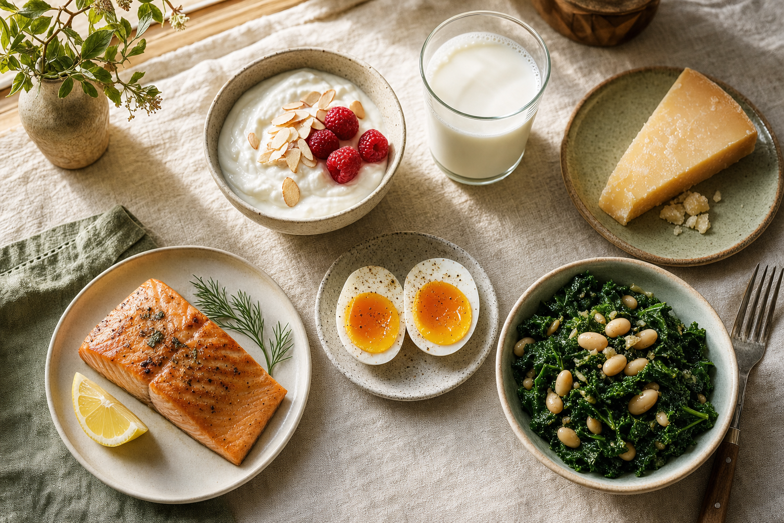 Overhead view of bone-supportive foods including salmon, Greek yogurt, milk, egg, kale and white beans, and aged cheese