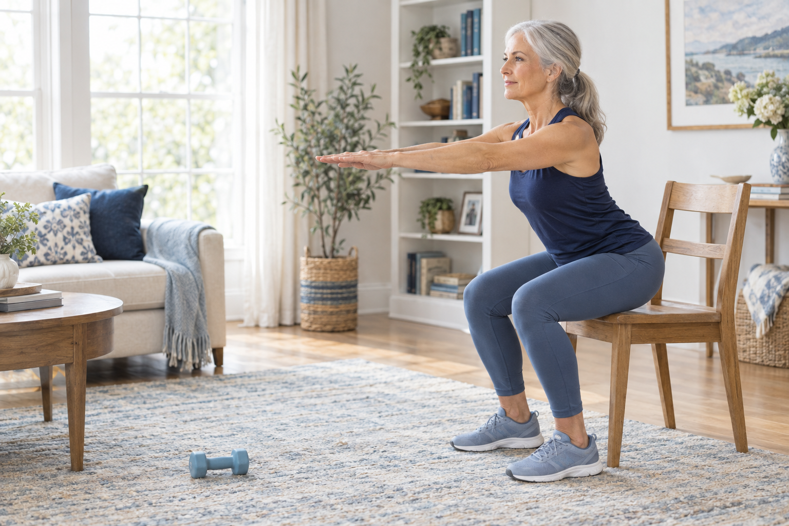A woman in her sixties with silver hair doing a controlled chair squat in a bright living room, hips pushed back toward a wooden chair with her back long and arms reaching forward