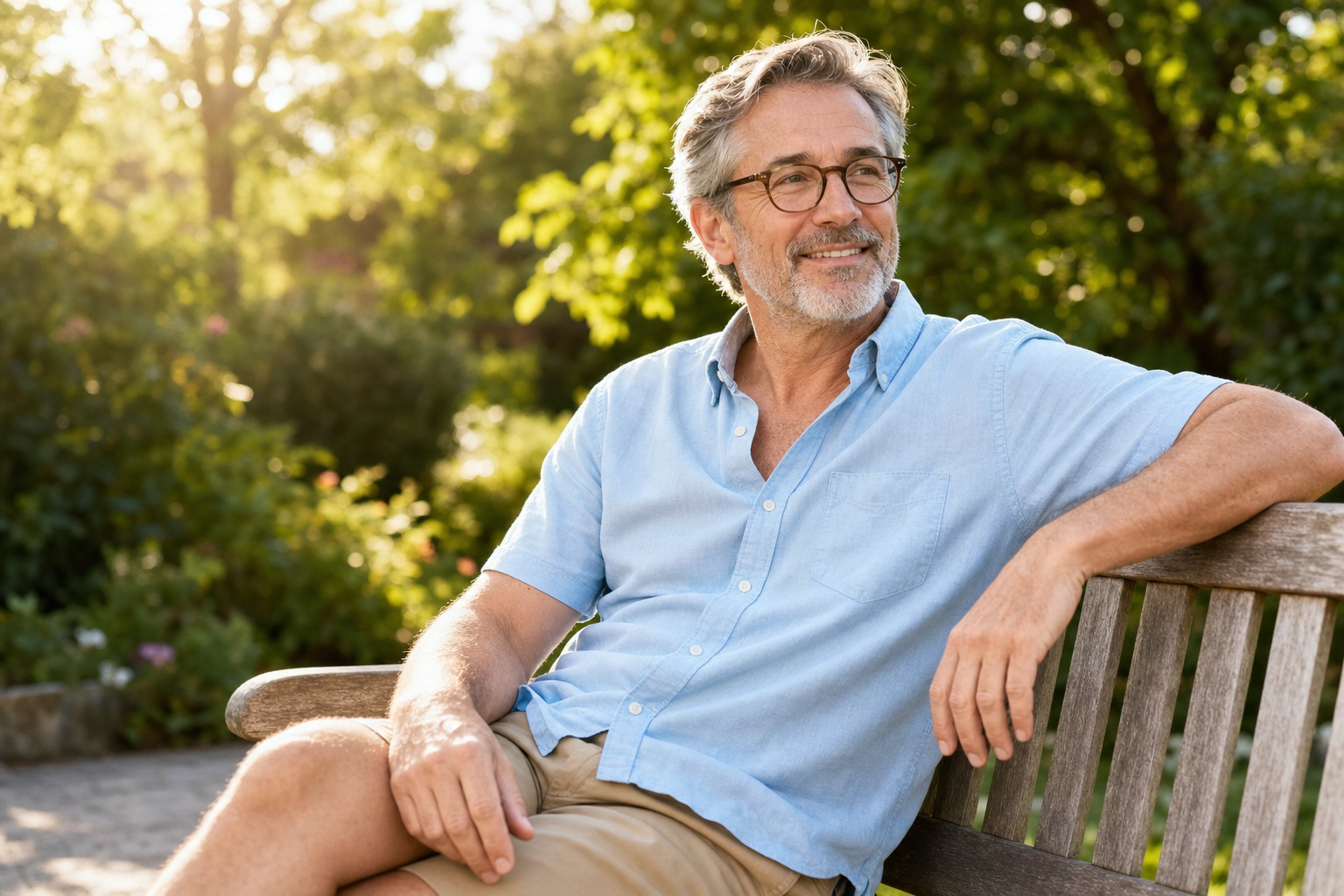 A man in his fifties sitting on a wooden garden bench in warm afternoon sunlight, wearing shorts and a short-sleeve shirt, with bare arms and legs exposed to the sun.
